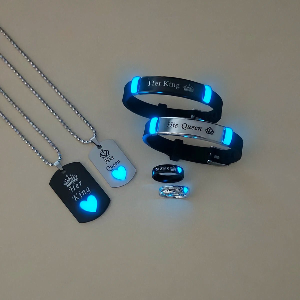 Set of 'His King', 'Her Queen' jewelry with LED lights